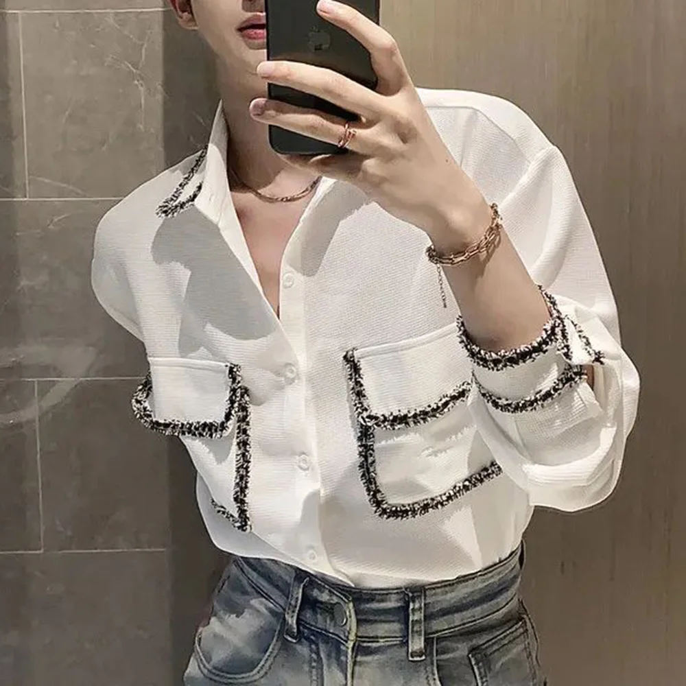 Heren Shirt Contrast Getrimd Koreaanse Stijlvolle Casual Shirt Temperament High-End Urban Fashion Herfst Easy Fit Tops Heren Kleding 2024