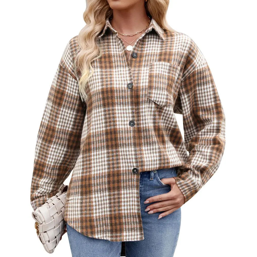 2024 Spring Autumn Women\'s Blouses Female Thousand Bird Plaid Button Down Flannel Shirt Women Casual Lapel Long Sleeve T-shirt