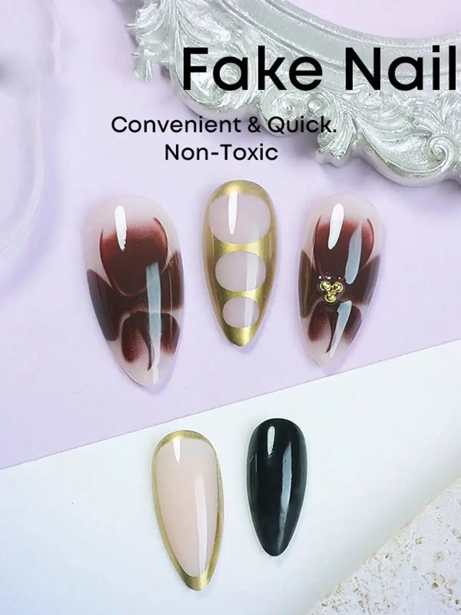 24 قطعة من أظافر اللوز المتوسطة على الأظافر باللون البني والذهبي، غطاء كامل للأظافر الصناعية للنساء والفتيات #3