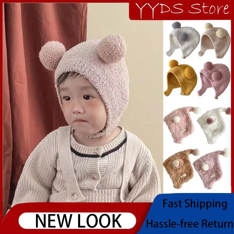 

Cute Balls~ Kids Hats & Caps with Tie Headband, Winter Boys Girls Baby Plush Ear Protection Warm Knitted Hat