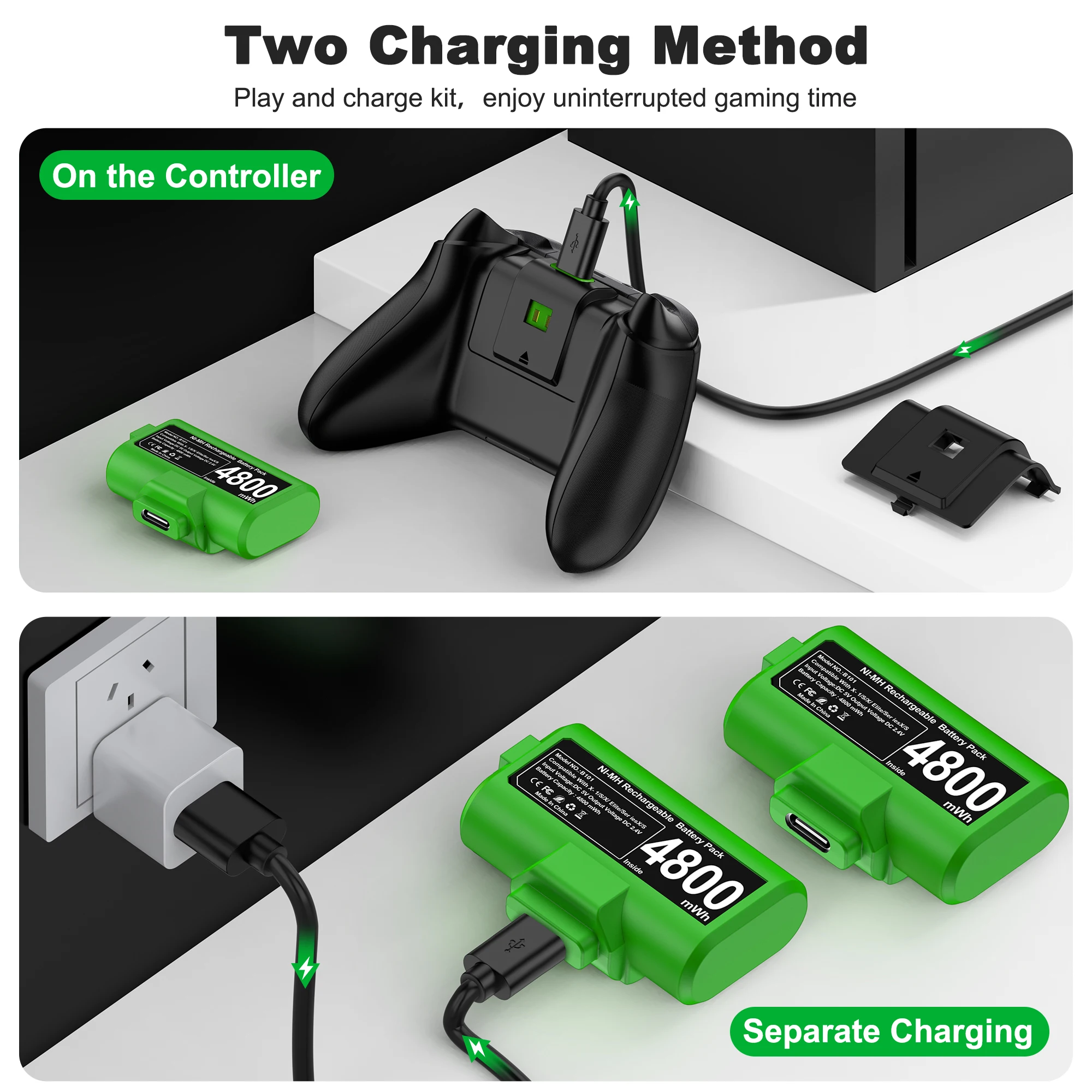 BEBONCOOL  2*4800mWh Rechargeable Battery For Xbox One Controller  Battery For Xbox Series X/S Gamepad Charger With Type-C Cable