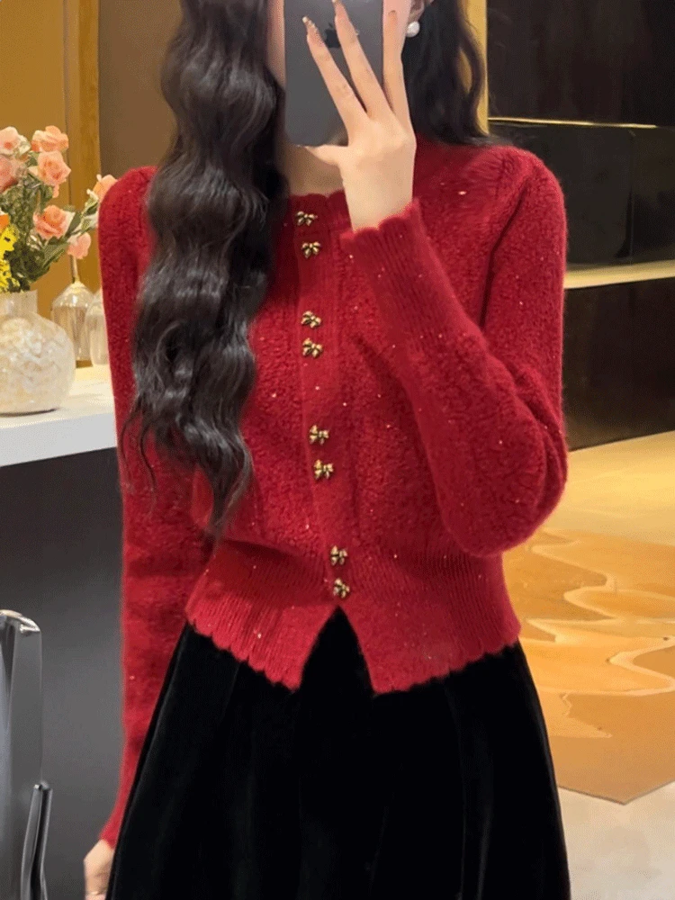 Suéter corto de moda rojo, negro y blanco para vacaciones de Navidad para mujer, cárdigan de punto para otoño e invierno, jersey superior ajustado con cuello redondo