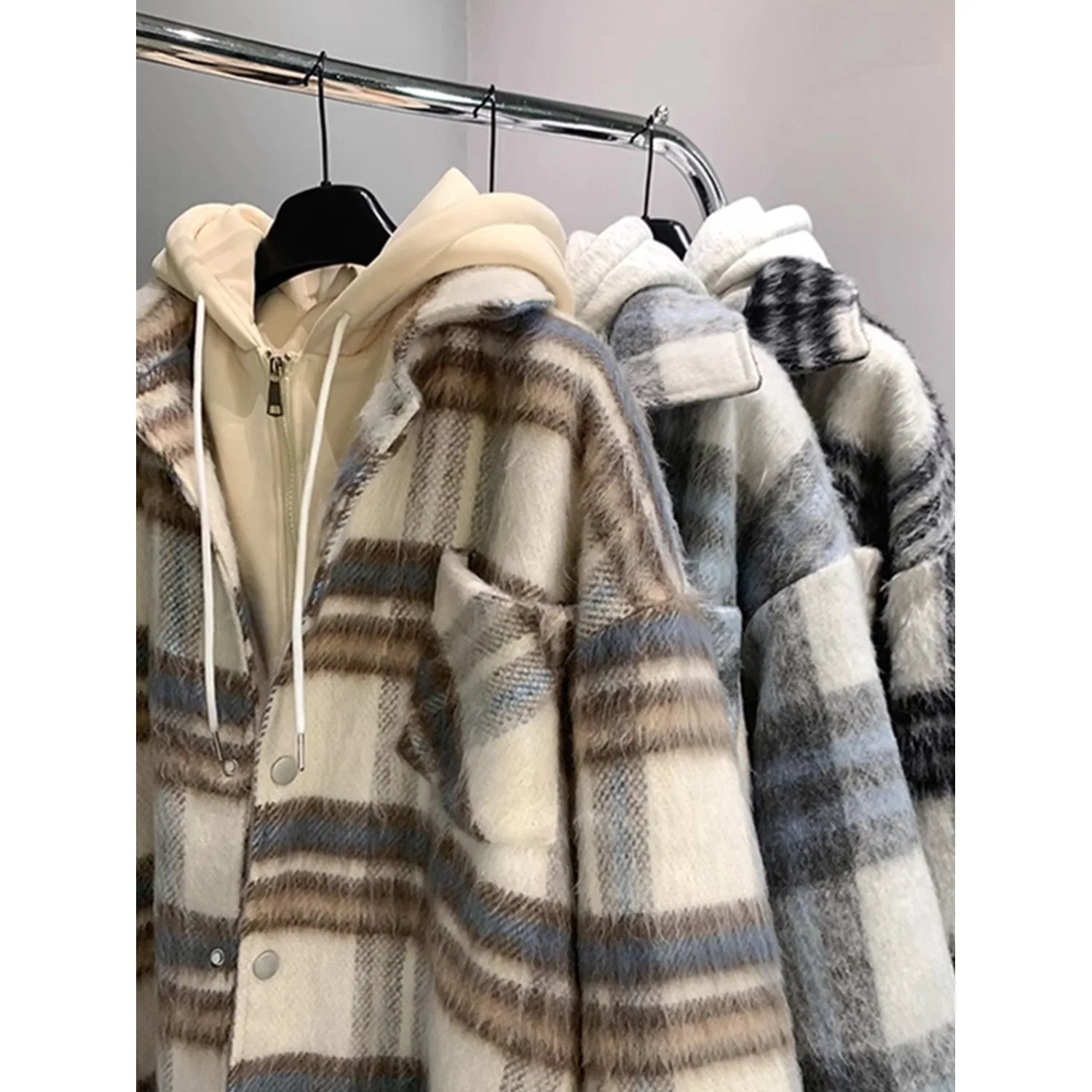 

American Fake Two Piece Checker Coat Men's Autumn and Winter New China-Chic Warm Retro Woolen Hoodie