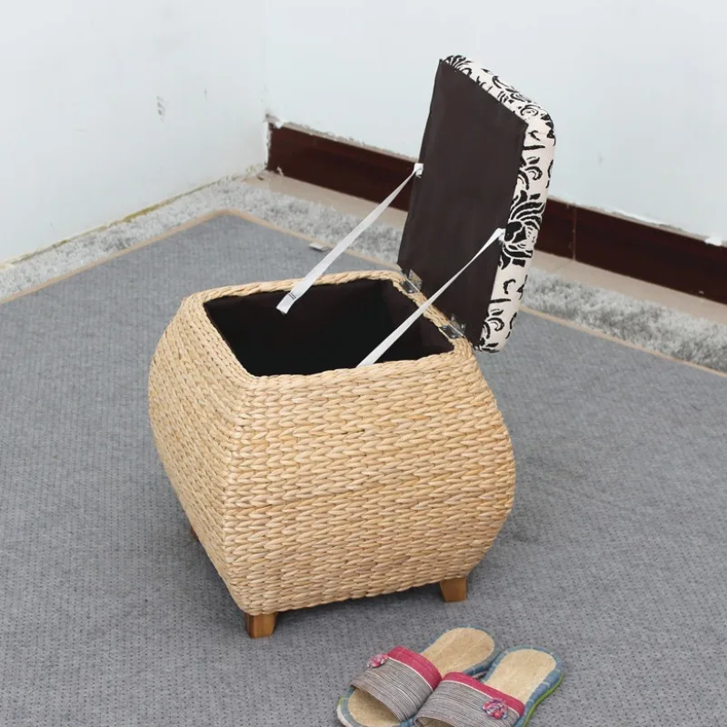 Rattan & Grass Woven Storage Stool, Shoe Changing Bench & Clothes Organizer, Multifunctional Ottoman for Entryway, Hallway