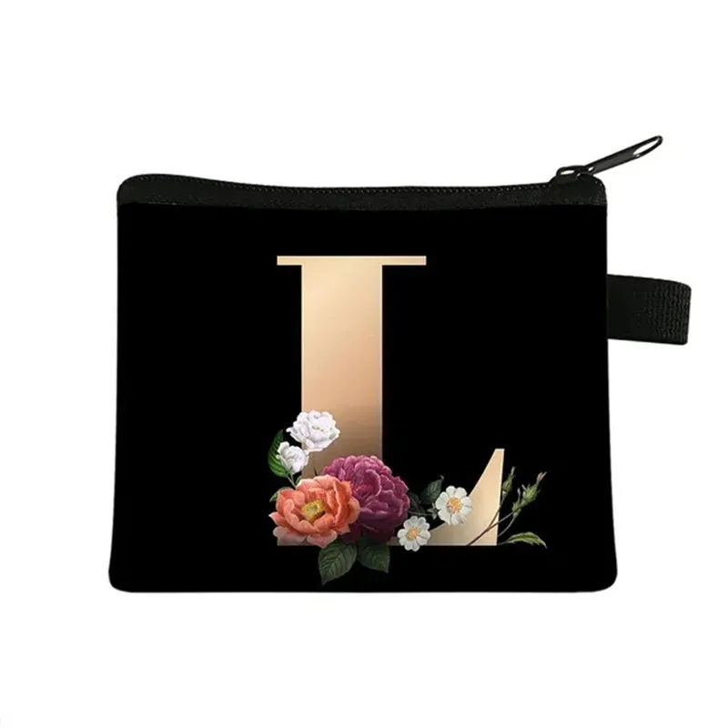 Fashion 26 Initials Flower Coin Purses A-Z Letter Women Men Mini Wallet Keychain Zipper Pouch Kawaii Money Holder Bag Gift Bag