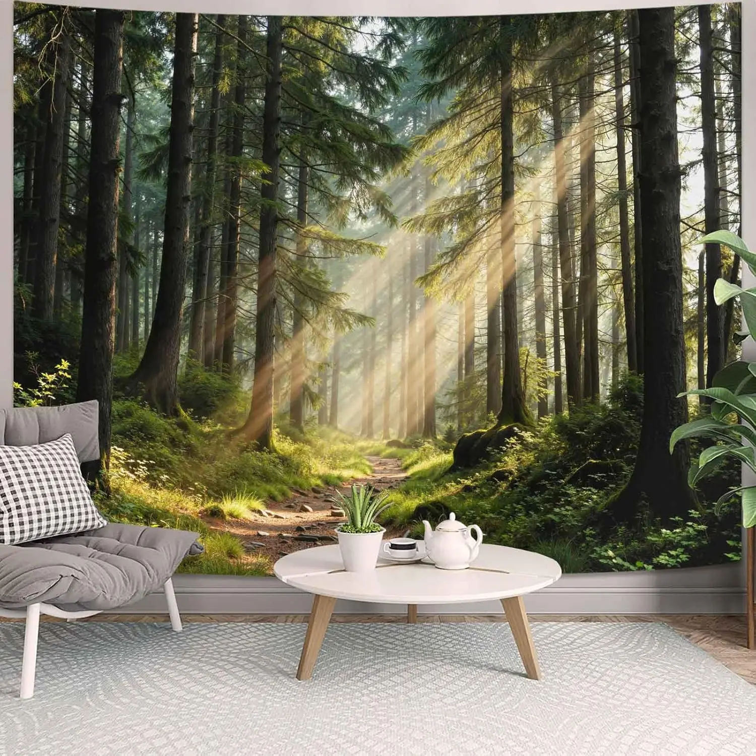 Mystic Sunlight Forest Tapestry, Natural Green Woods Trail Scenic Print Wall Art for Bedroom Living Room Apartment Dorm Decor