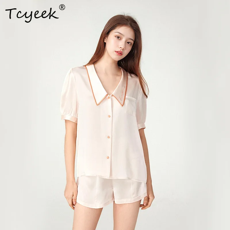 

Tcyeek, 16MM 100%Real Silk Pajama Set, Women Short Sleeve Shorts, Embroidery Elegant Homewear, 2024 Summer New S550152QM