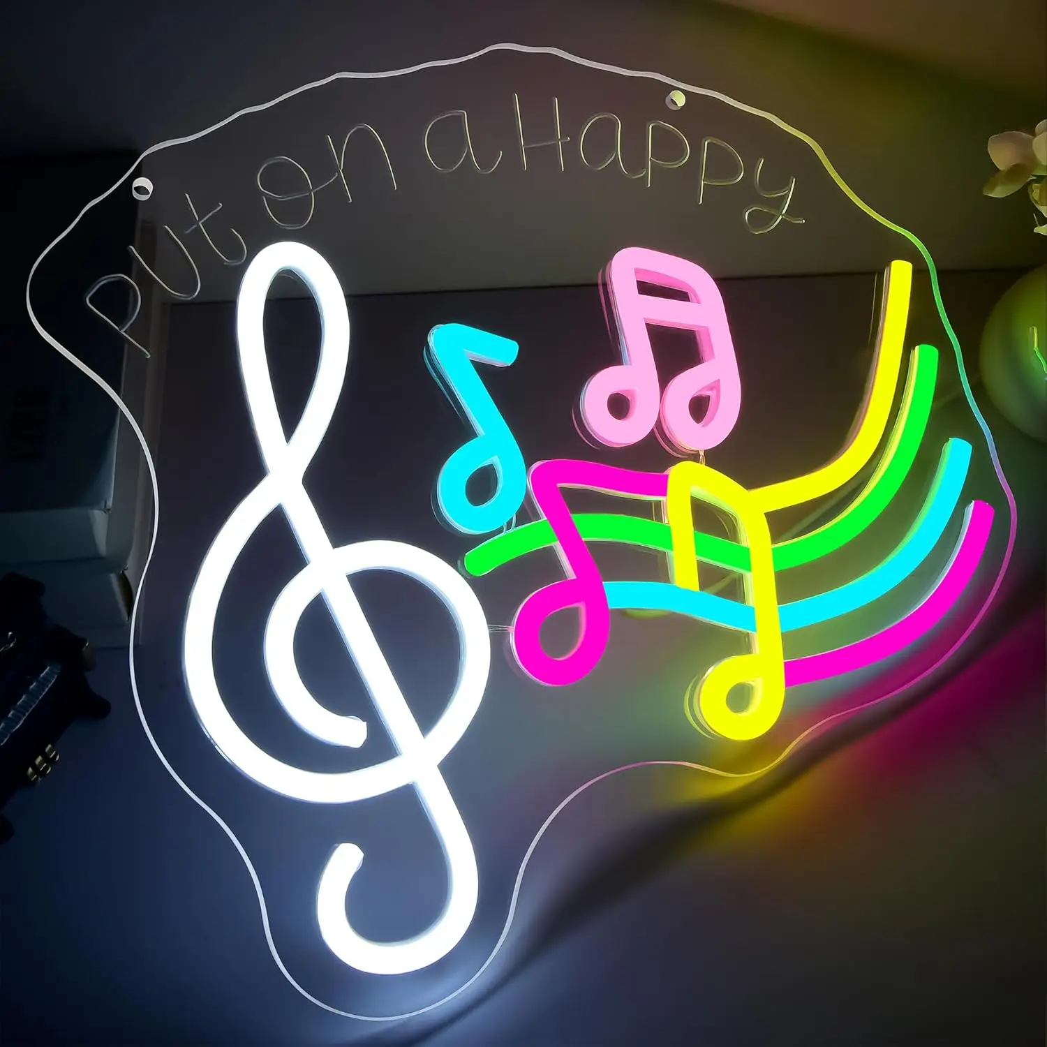 Put on A Happy Neon Light Dimmable LED Wall Art Music Notes Sign USB Powered Studio Room Dance Party Music Room Aesthetic Decor