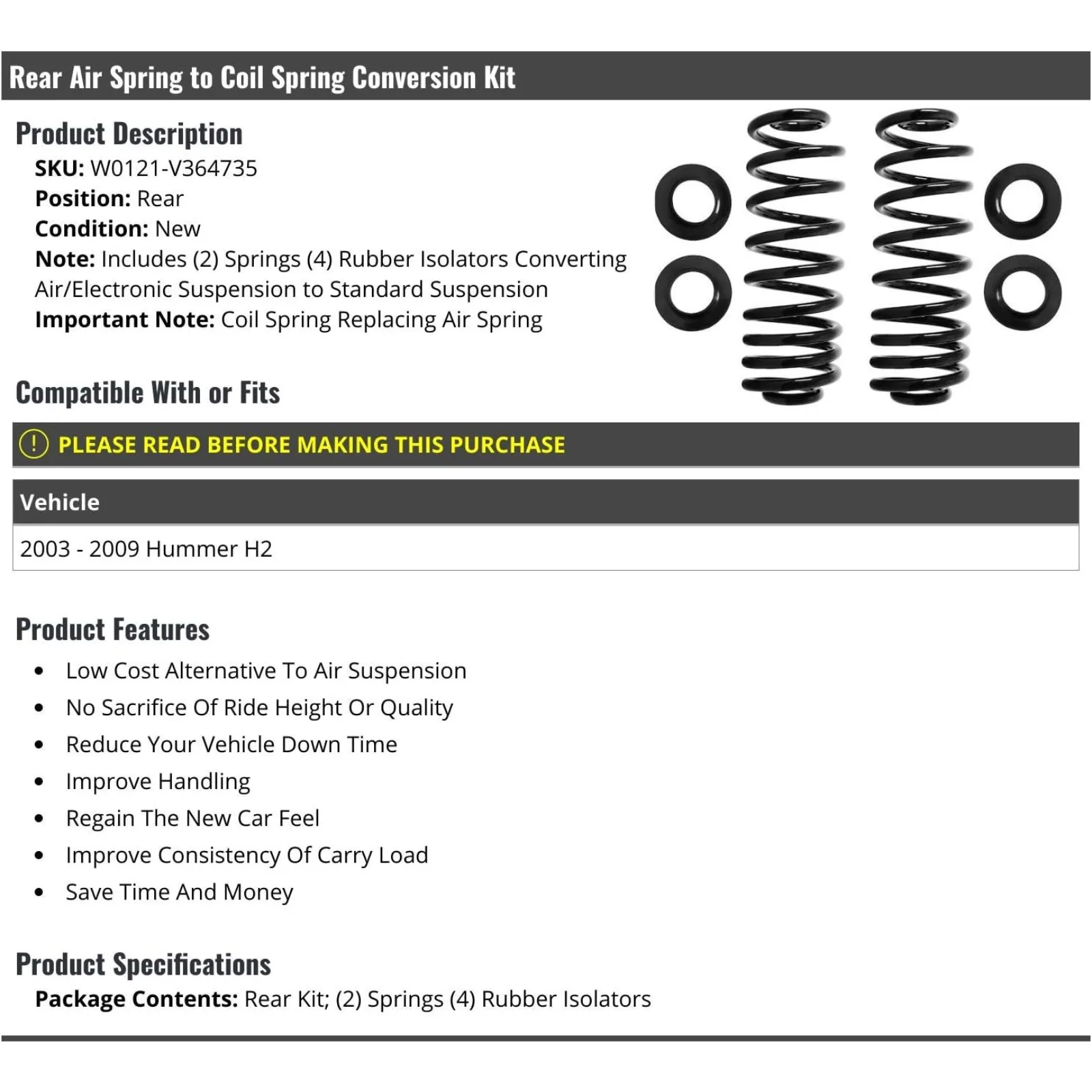 US  Rear Air Spring to Coil Spring Conversion Kit - Compatible with 2003-2009 Hummer H2