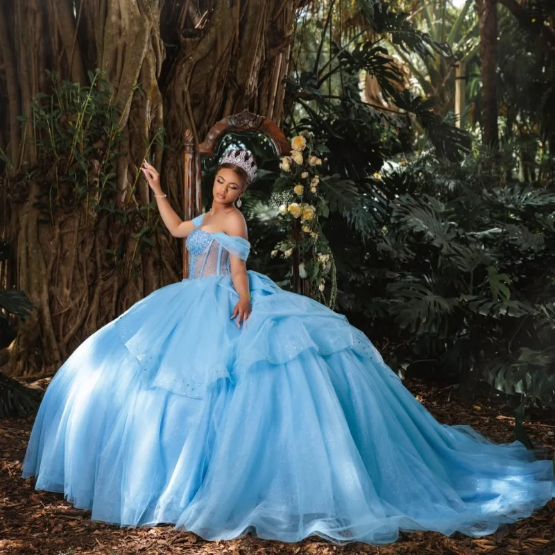 Blue Quinceanera Dress off-shoulder Glitter Crystal  Lace Layering Decal Long tail Bow vestidos de 15 Quinceanera ﻿Customize