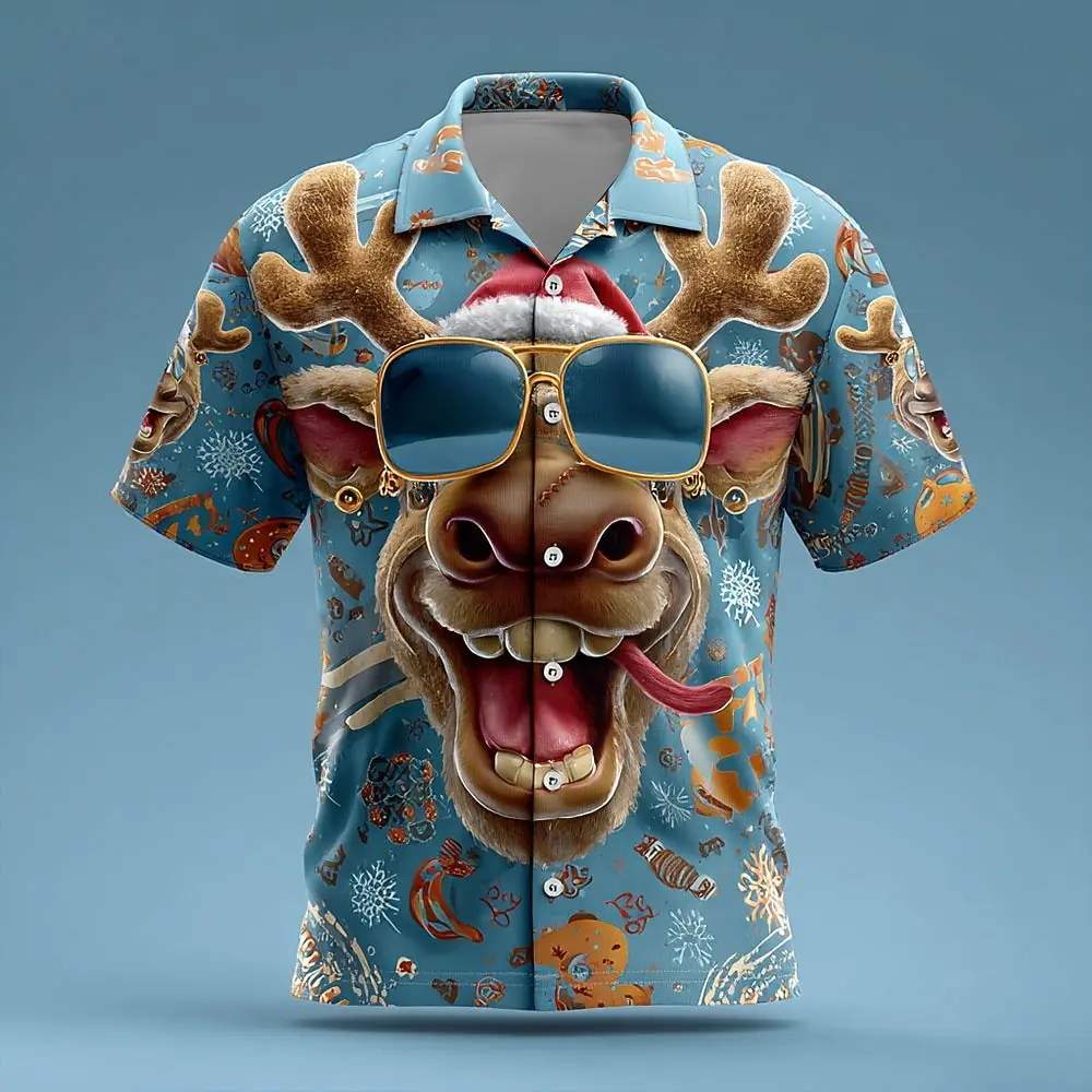 قميص رجالي بأكمام قصيرة برسومات الأيائل التجريدية وحفلات المهرجانات قمصان كاجوال مريحة بأزرار وطية صدر السترة ملابس عناصر عيد الميلاد #1