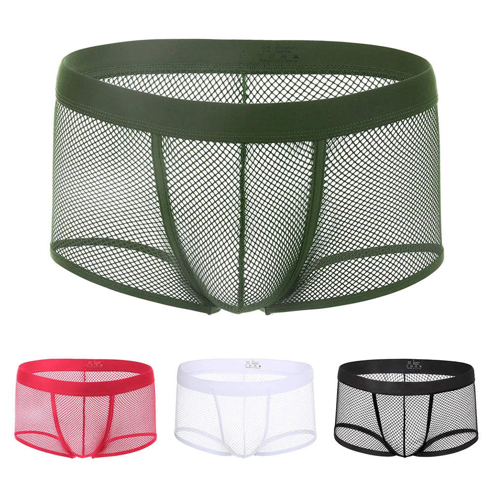 

Elastic Mesh Boxer Underwear for Men Low Waist Breathable Hollow Fishnet Design Offering Comfort and Ventilation