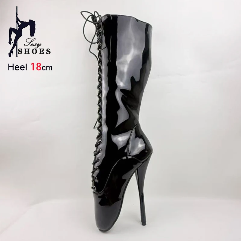 

7'' Extreme high heel Black Ballet Boots Women Fetish Party Shoes 18CM Stiletto Side Zipper Lace-up Female Black Mid-Calf Boots
