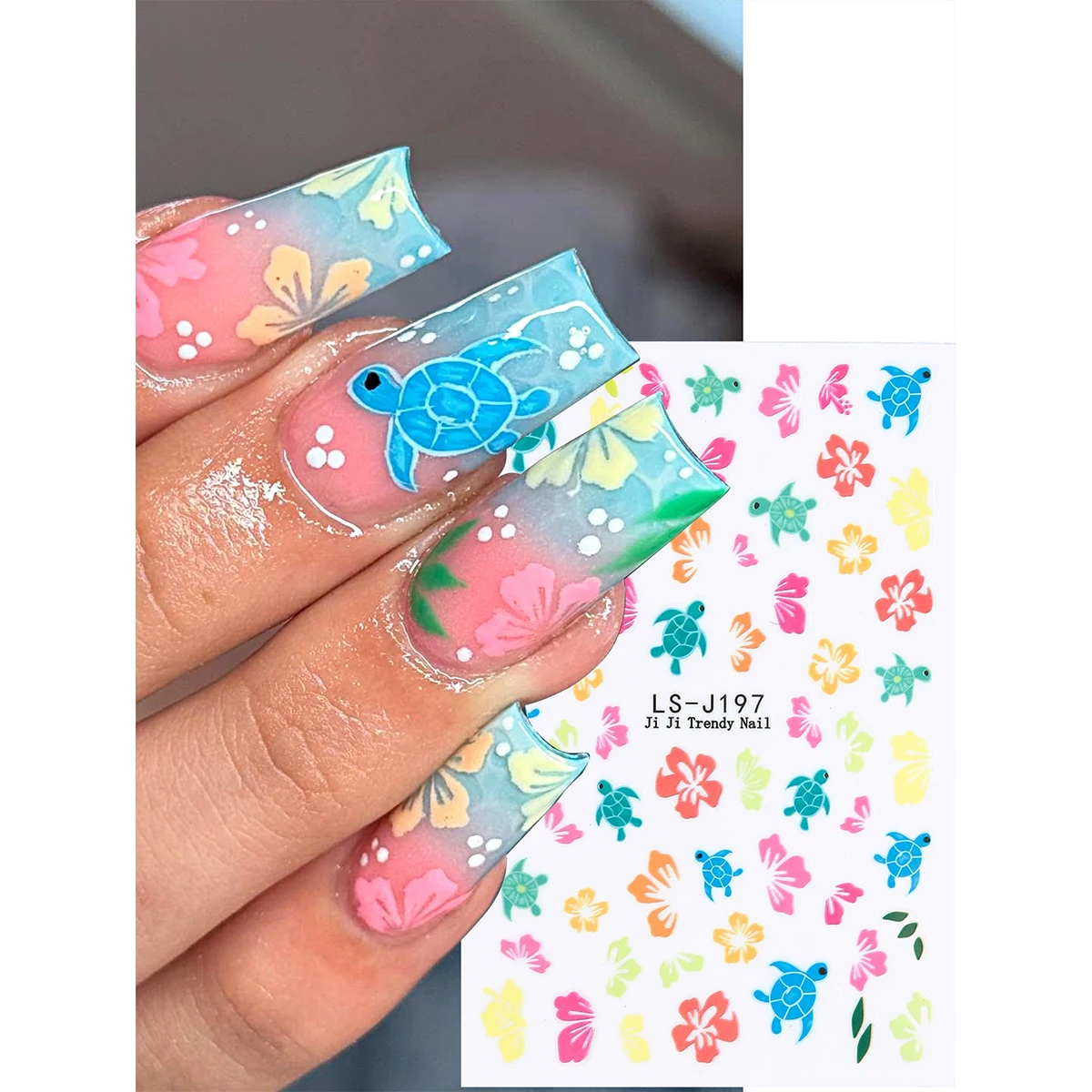 Tropical Ocean Life Nail Stickers – Self-Adhesive Summer Beach Designs Featuring Starfish, Sea Turtle and Plumeria