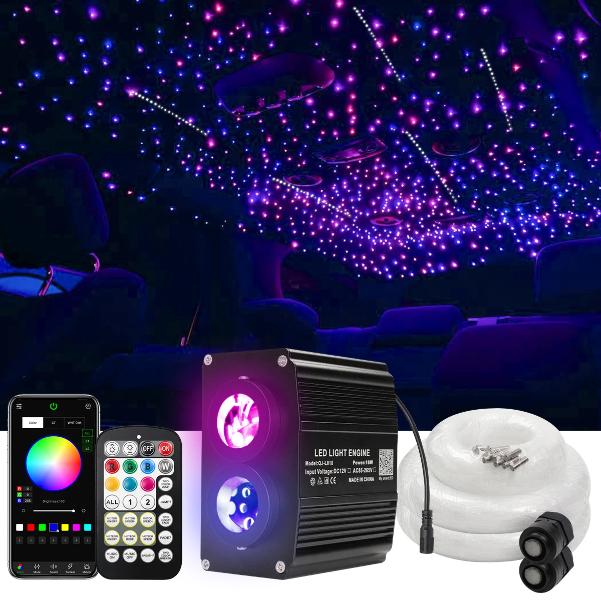 18W Dual Port Twinkle Starlight Headliner Kit RGBW APP Fiber Optic Star Ceiling Light Kit for Car Starry Sky Ambient Light