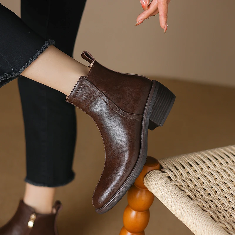 2024 New Winter Round Toe Women Boots Chunky Heel Women Shoes Retro Western Boots Ankle Boots Genuine Leather Chelsea