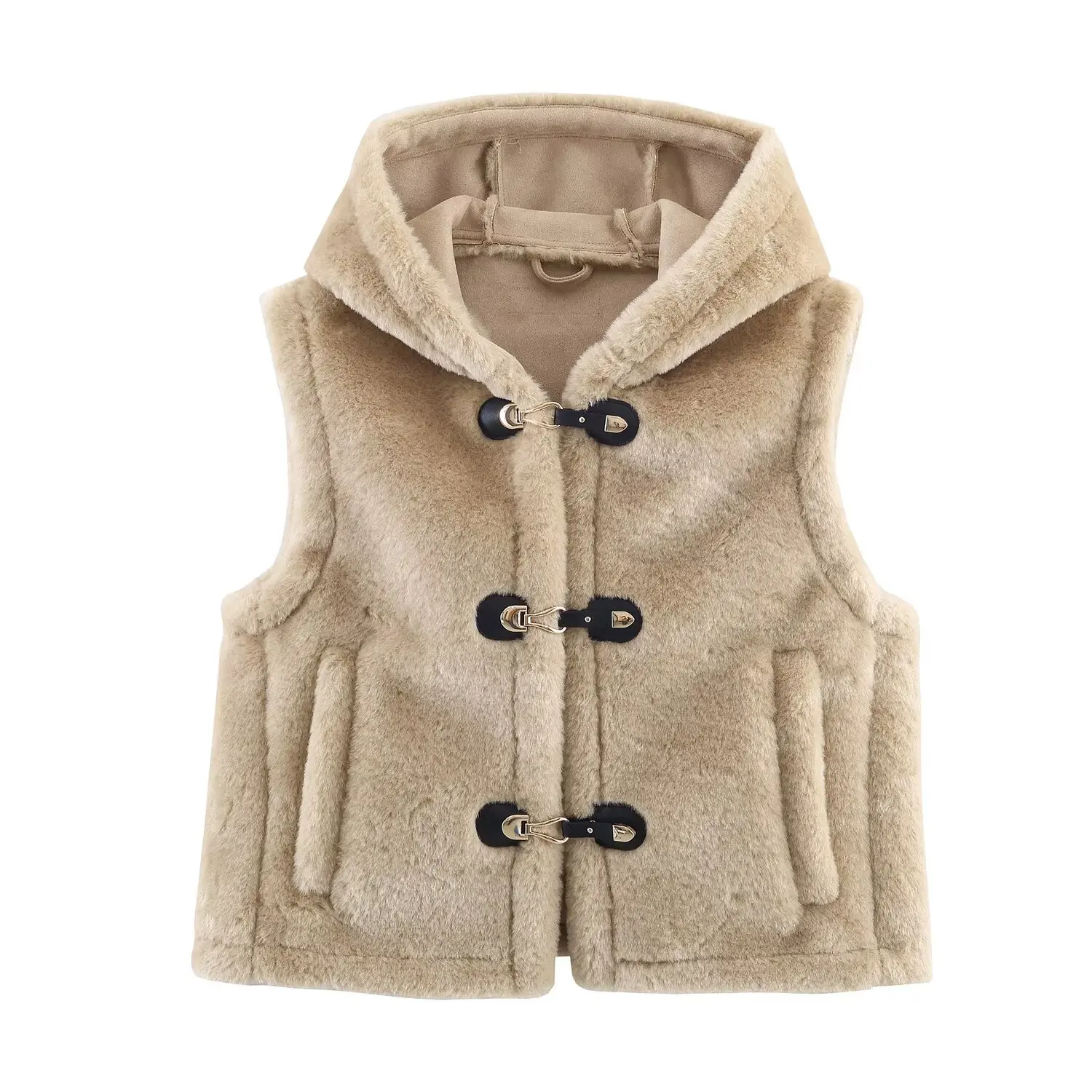 

Autumn and winter new women's knot buckle decoration fleece vest casual hooded loose fleece vest