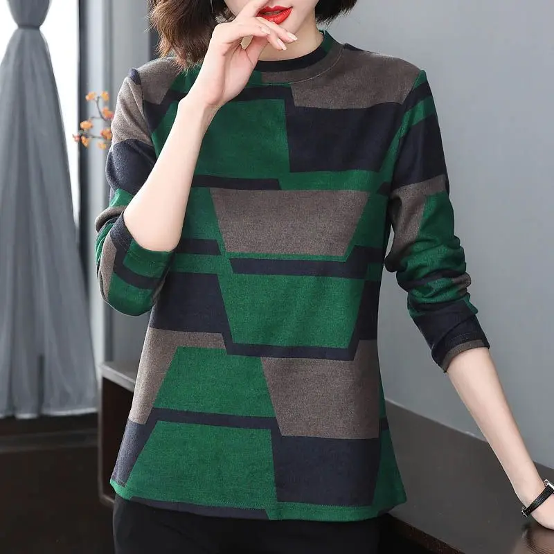 Spring Autumn New Round Neck Fashion Long Sleeve T-shirt Women High Street Printing Pullovers Vintage Elegant All-match Tops