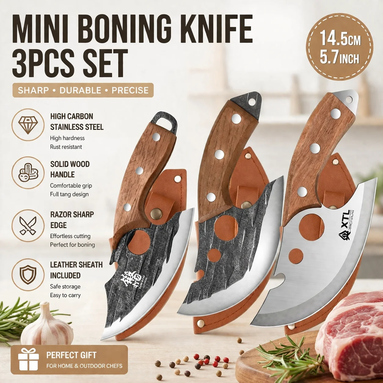 New Boning Knife Set Ultra Sharp Multifunctional – 3Piece Stainless Steel Forged with Bottle Opener&Knife Cover for Kitchen BBQ