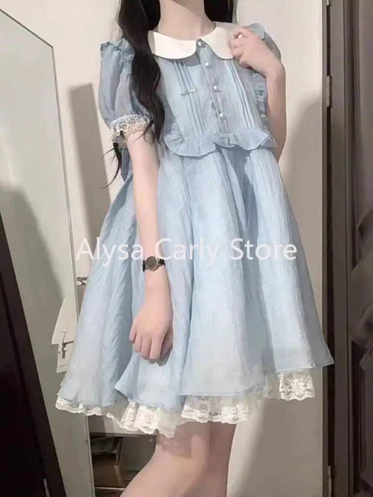 Sweet Lace Fairy Kawaii Dress Women Ruffles Korean Princess Party Mini Dress Female 2024 Summer Peter Pan Collar Casual Dresses