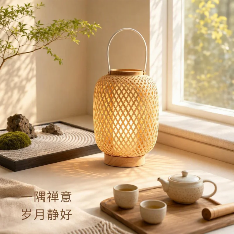 Bamboo Woven Hand-held Table Lamp Atmosphere Lamp Luxury New Chinese Style Bedside Lamp Charging Lantern Mid-Autumn Festival Gif