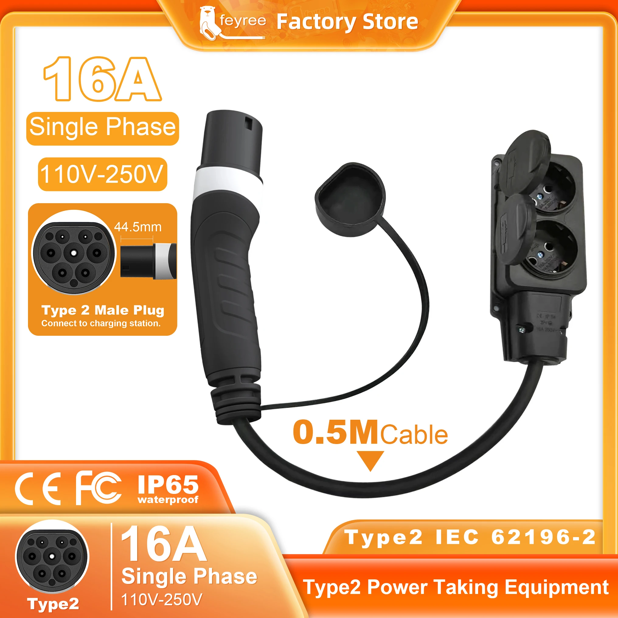 Feyree Type2 16A Power Supply Side Male Charger Plug 3.5KW to Schuko Plug Socket Charging Adapter for Electrical Car