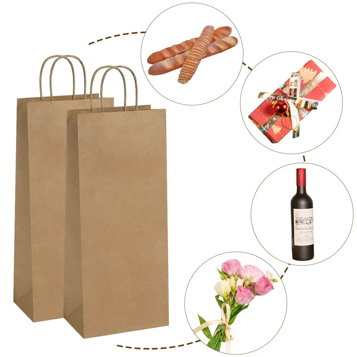 50PCS Wine Kraft Paper Bags Recyclable Brown Gift Bags Retail Kraft Paper Shipping Bags With Handles Bulk