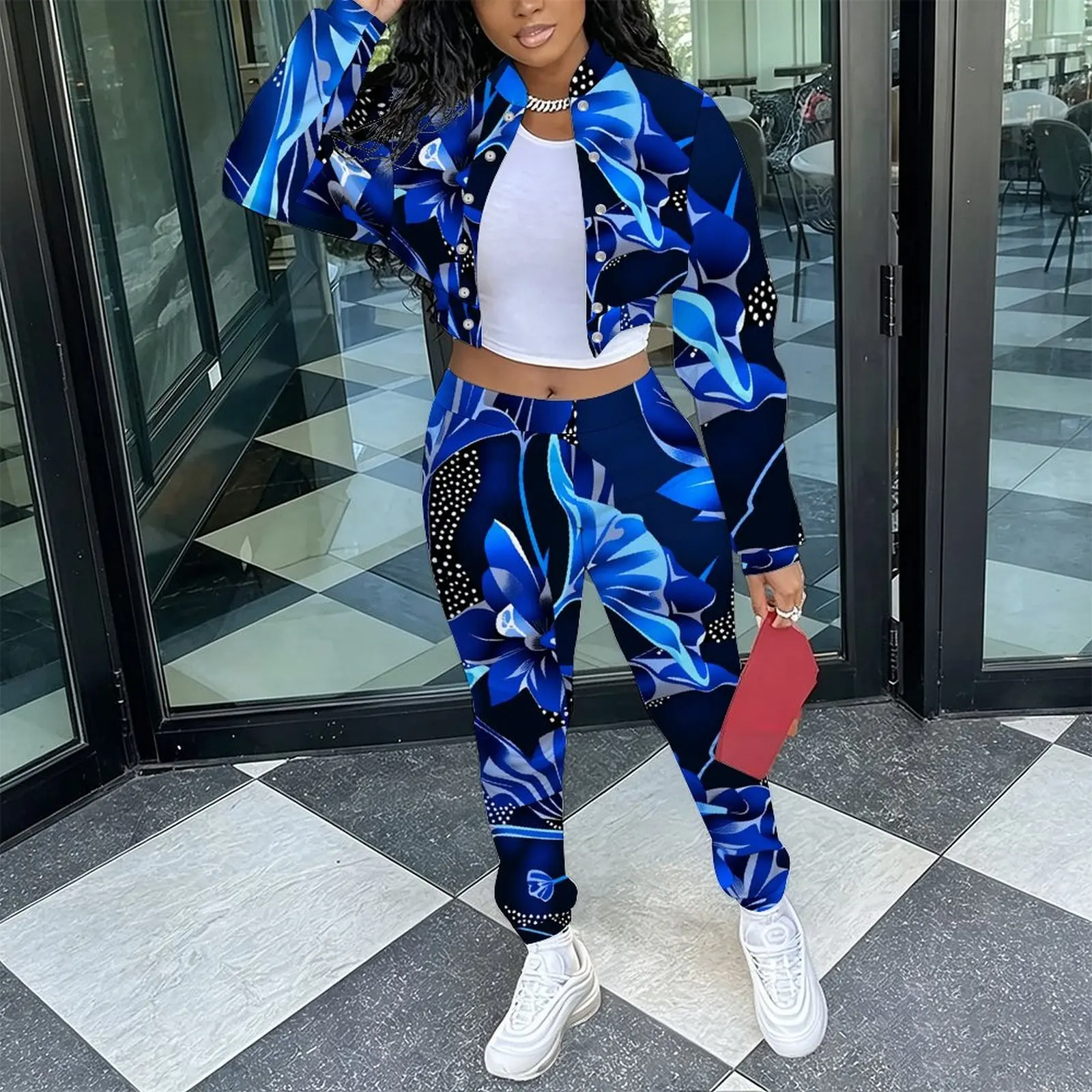 Female Fashion Two‑Piece Set Retro Long Sleeve Stand Collar Jacket  Slim Fit Long Pants Ladies Everyday Commuting Elegant Outfit