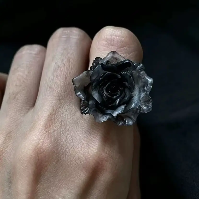 Punk Gothic Camellia Open Ring Ornate Black Vine 3D Rose Witch Pagan Vintage Creative Halloween Cool Girl Gift Party Jewelry
