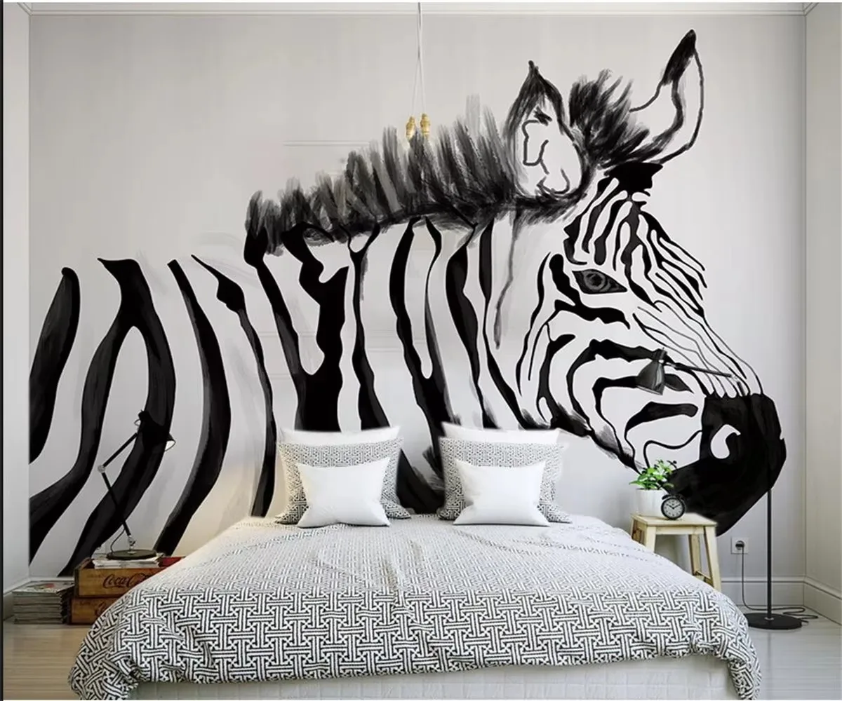 Custom 3d wallpaper new retro hand-painted black and white zebra animal living room children's room background wall wallpaper