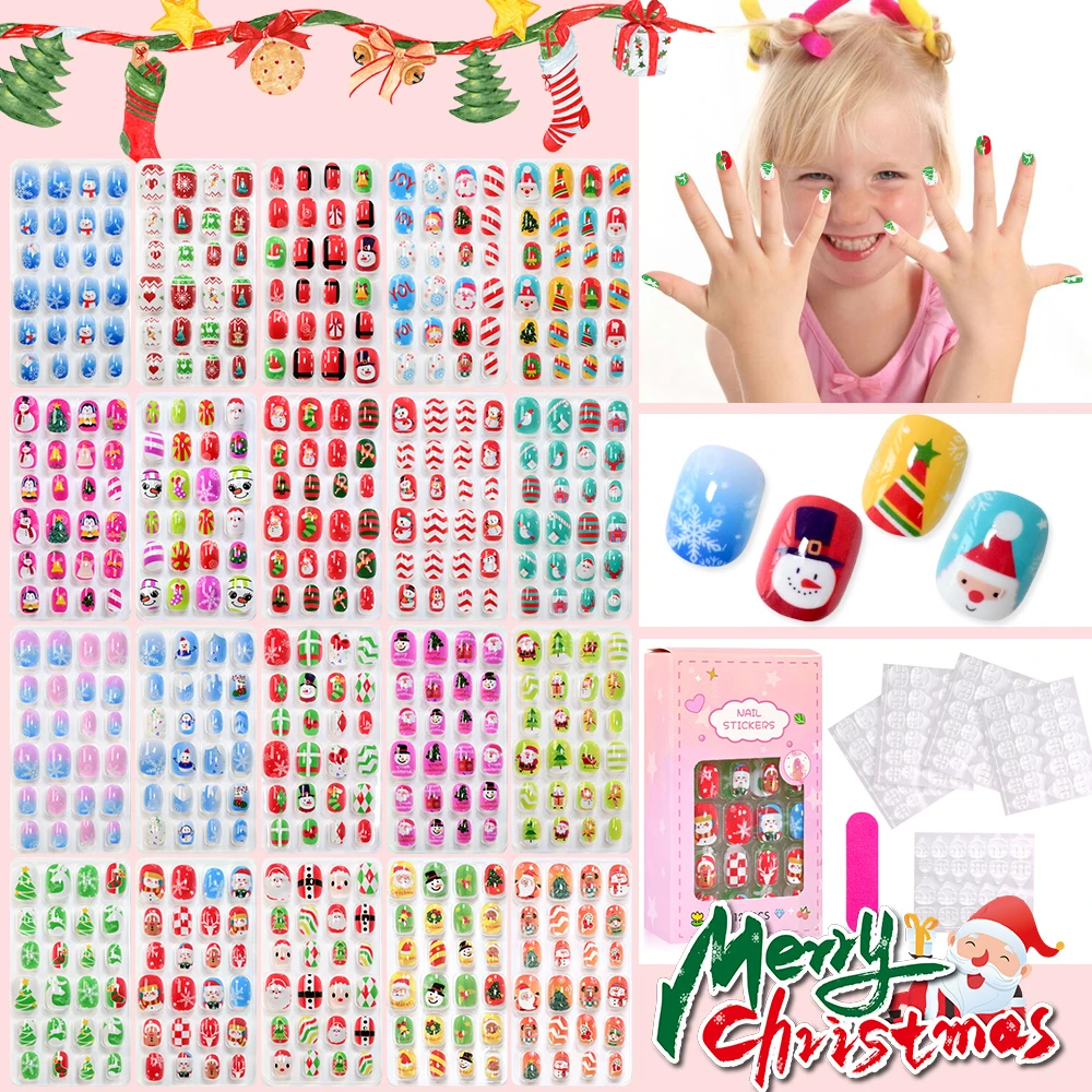 120pcs/Box Cute Cartoon Santa Claus/Snowman/Snowflake Nail Tips False Nails Christmas Press-On Nails Set Festive Gift For Girls*