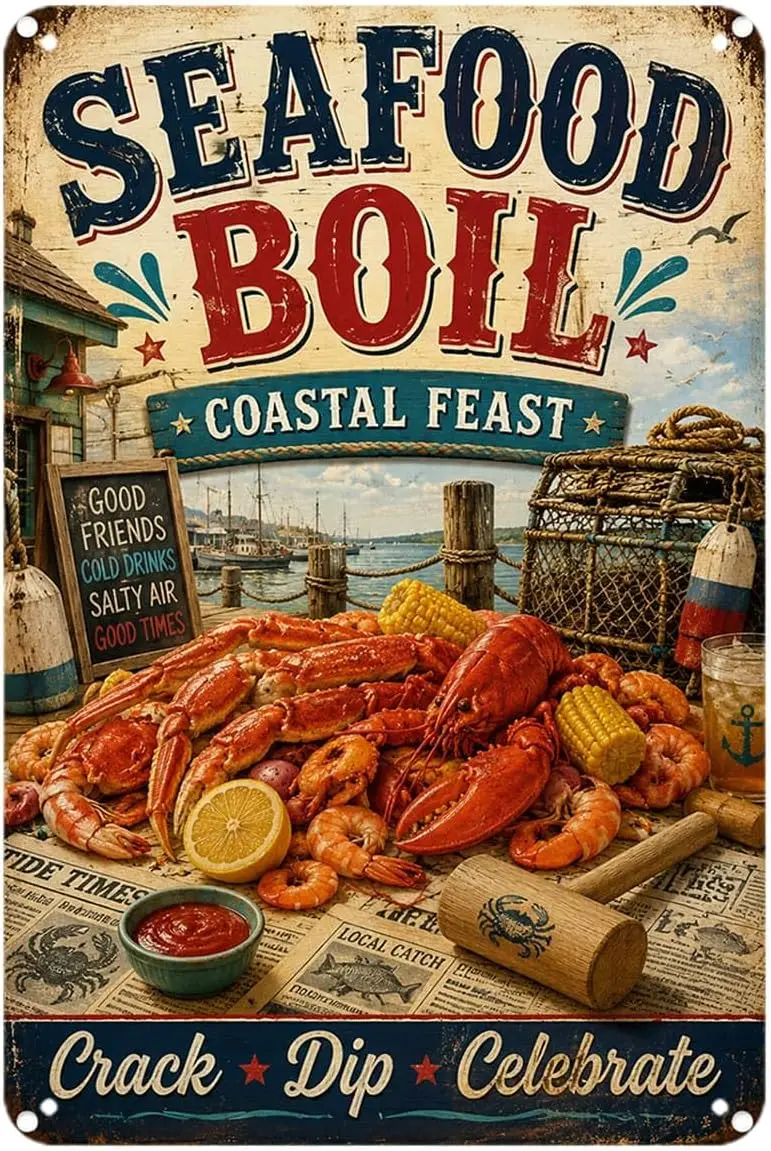 Seafood Boil Coastal Feast tin sign, Vintage Nautical Coastal Kitchen Bar Restaurant Metal Signs Aesthetic for Home Bedroom Kitc