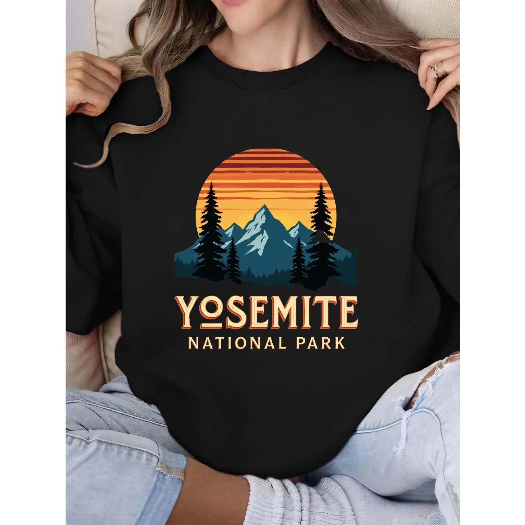 

Yosemite National Park Sweatshirt Unisex Retro Sunset Mountain Graphic Pullover Outdoor Adventure Travel Cotton Top Gift