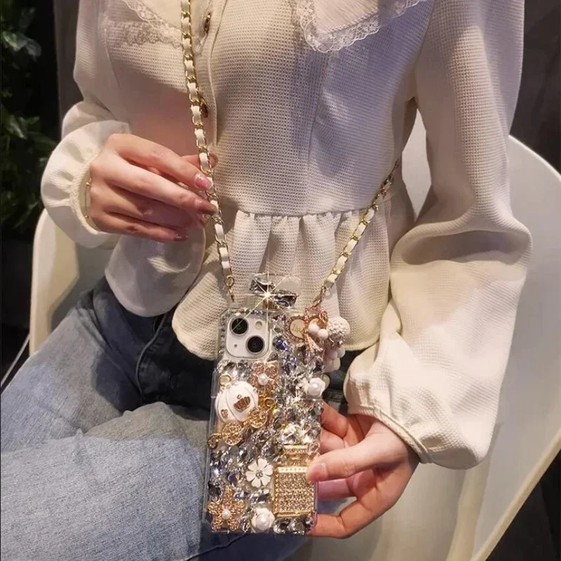 Rhinestone Perfume Bottle Shape Phone Cover with Crystal Pumpkin Pattern, Crossbody, For iPhone 16 15, 14 Pro Max, XR, XS