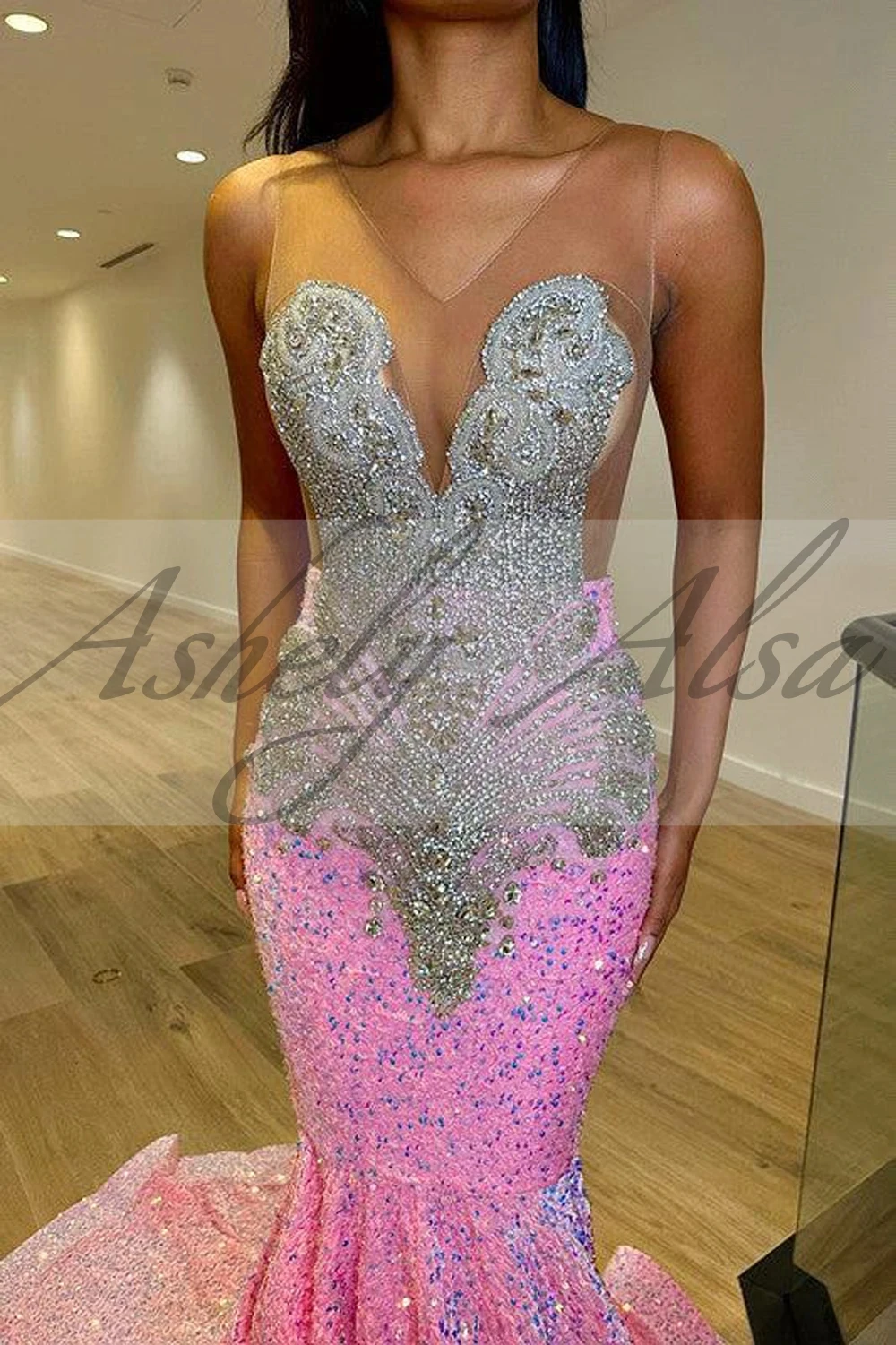 Aq221 personalizado elegante sereia vestido de ocasião formal com decote em v cristal até o chão vestido de festa de casamento feminino vestido de baile de formatura