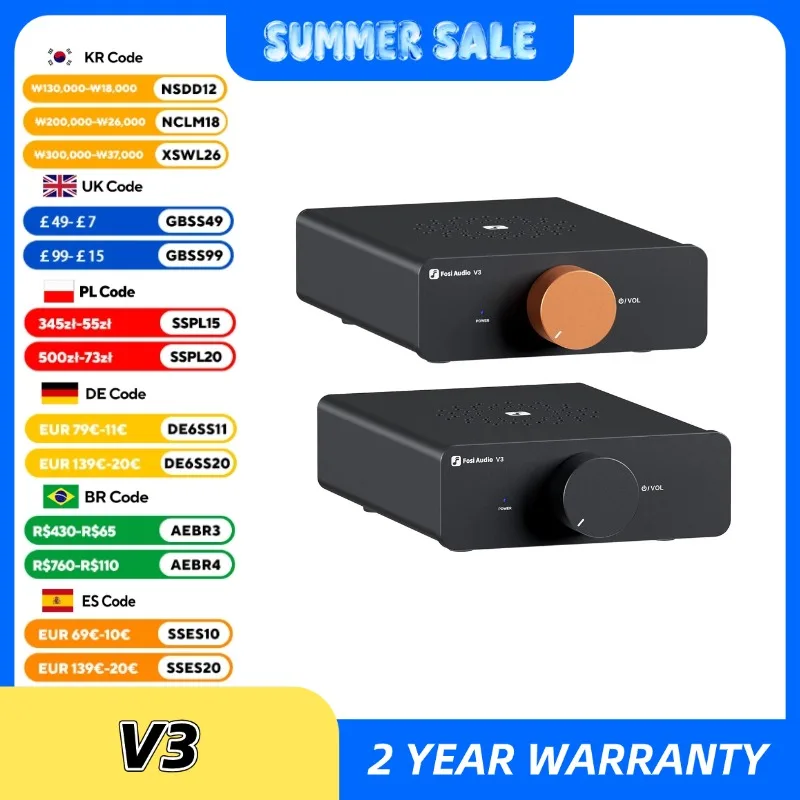 Fosi Audio V3 Stereo Power Amplifier 300W *2 TPA3255 Class D Mini Amp 2 Channel Audio Amplifier for Subwoofer Passive Bookshelf