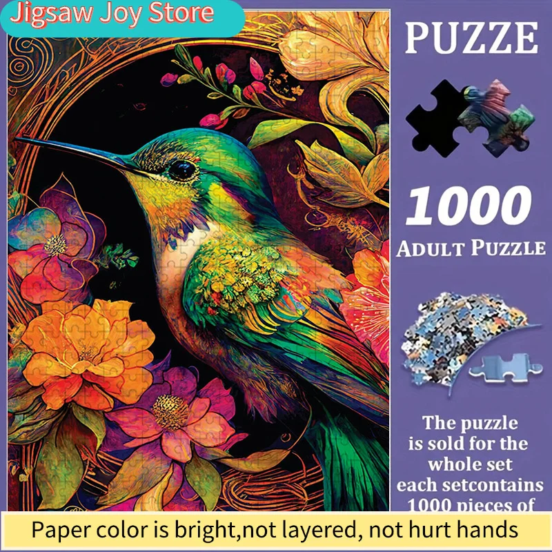 

Colorful Hummingbird Floral Jigsaw Puzzle Family Interaction & Fun Gift, Vibrant Abstract Design, Hummingbird and Flower Patt