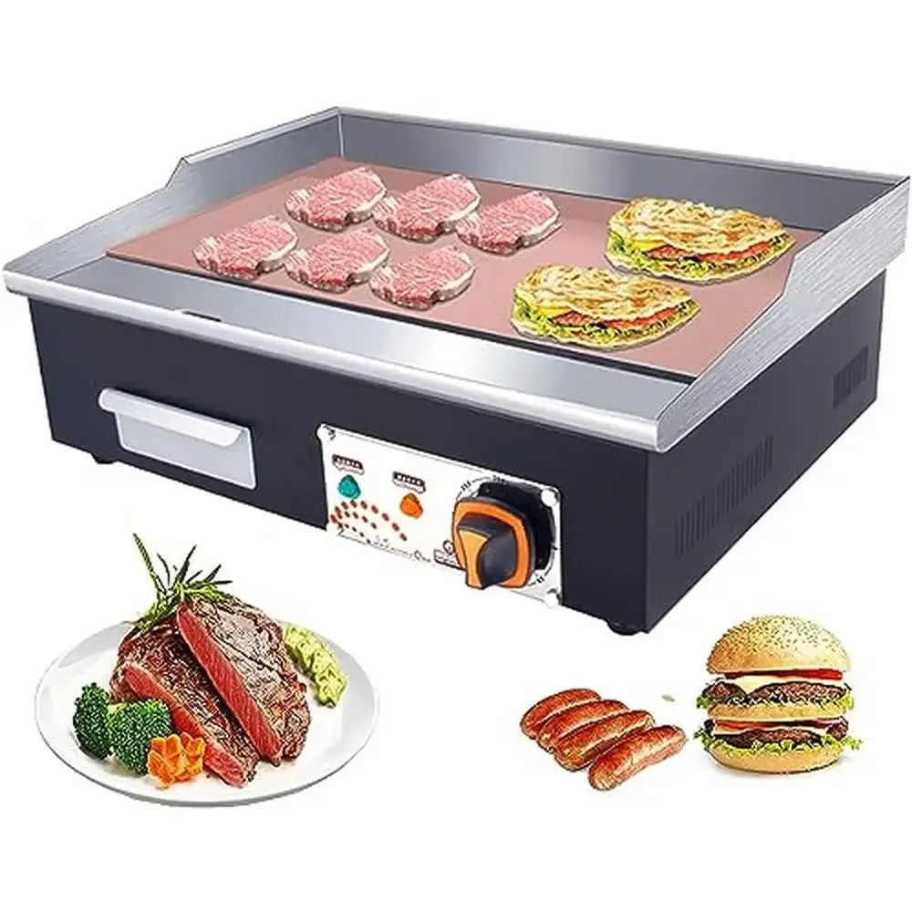 

Commercial Electric Griddle 21" Teppanyaki Grill 3000W Mirror Chrome Flat Top Annular Heating BBQ Countertop Independent Oil Box