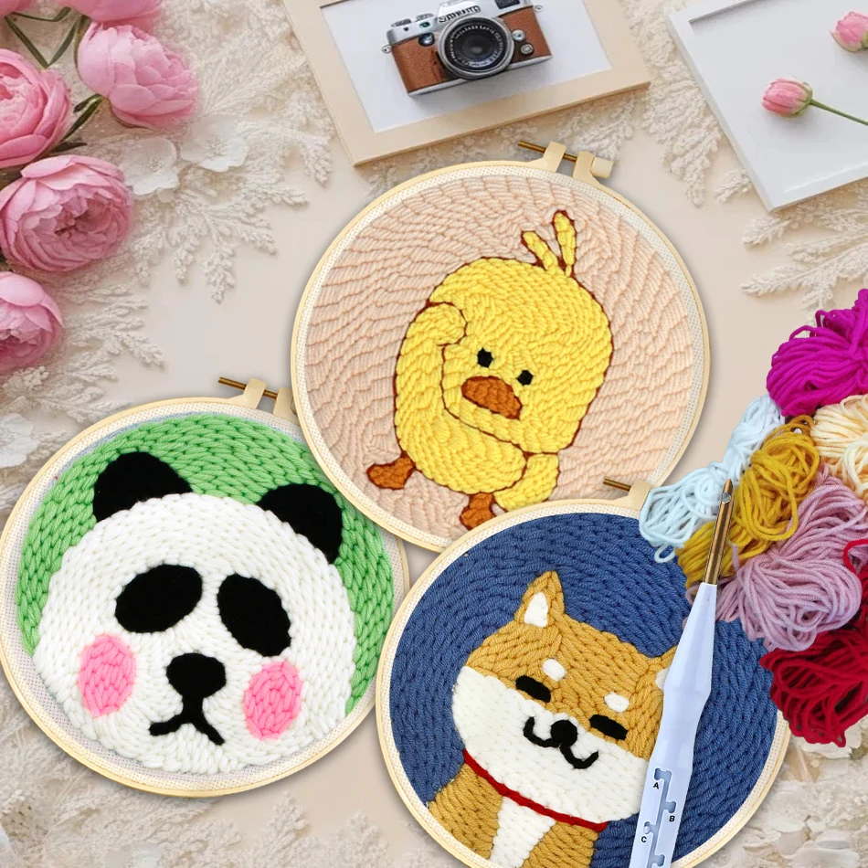 

Punch Needle Embroidery Starter Kits Animal Pattern Sewing Kit Funny Easy Yarn Painting Arts DIY Needlework Set For Beginner