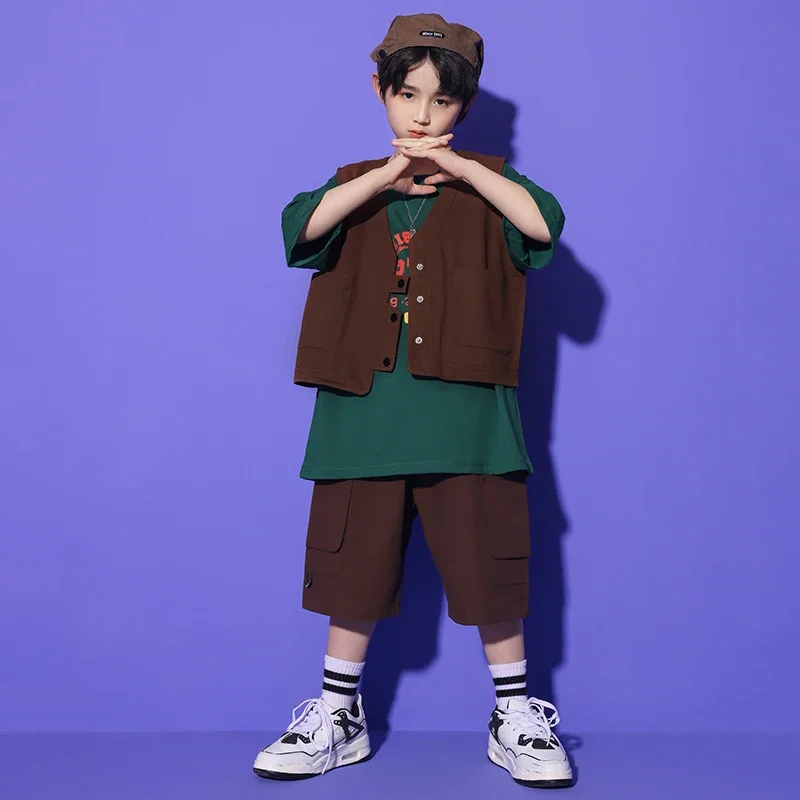 Completi da strada per ragazzi adolescenti Abbigliamento hip-hop per bambini Gilet marrone Maglietta Top Pantaloncini cargo per ragazze Abiti da ballo jazz