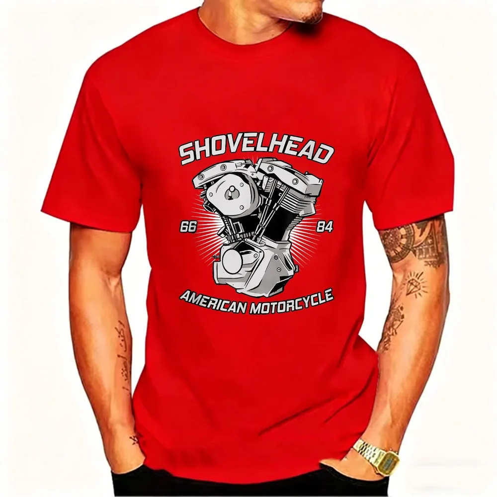 Vintage HD Motorcycle VTwin Shovelhead Engine Drawing Biker T-Shirt Cotton Shirt for Men's Fashion Streetwear O-neck Short-sleev