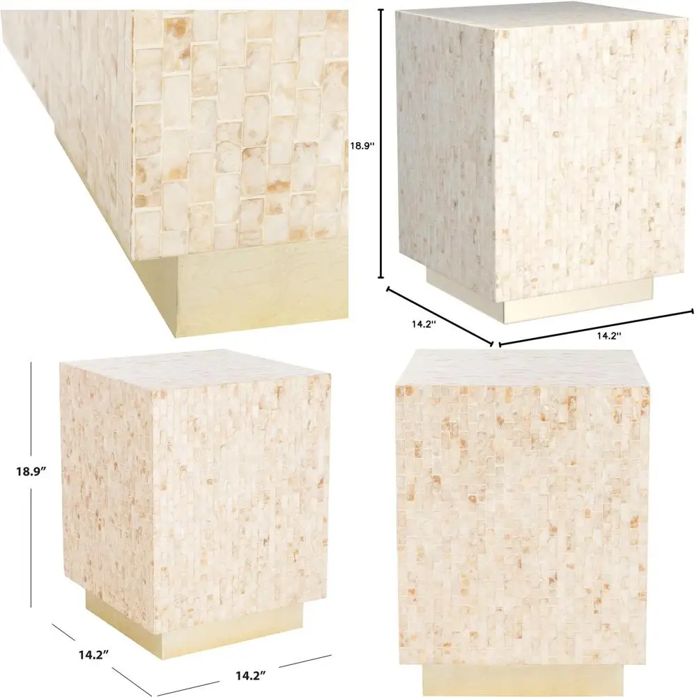 

Роскошный акцентный столик с жемчужной отделкой и золотым основанием, полностью собранный.