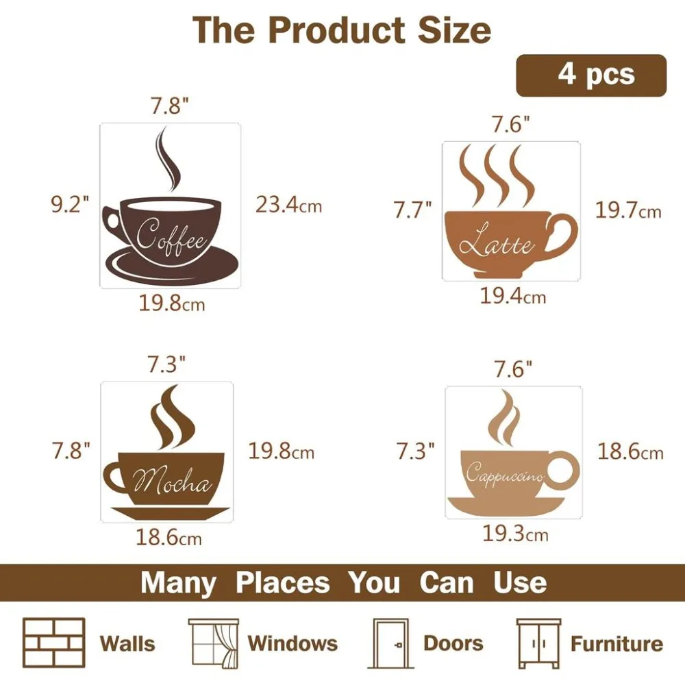4pcs Coffee Wall Stickers Latte Mocha Cappuccino Wall Decor DIY Vinyl Sign Art Decals for Kitchen Coffee Bar Decor Shop Cafe