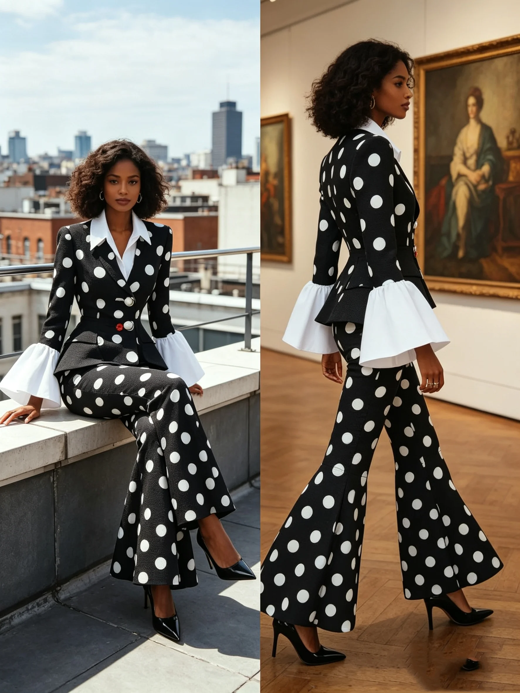 

White Black Women Suit Set 2 Pcs Blazer+Pants Trousers Flare Sleeves Formal Office Lady Jacket Customized Wedding Guest Coat