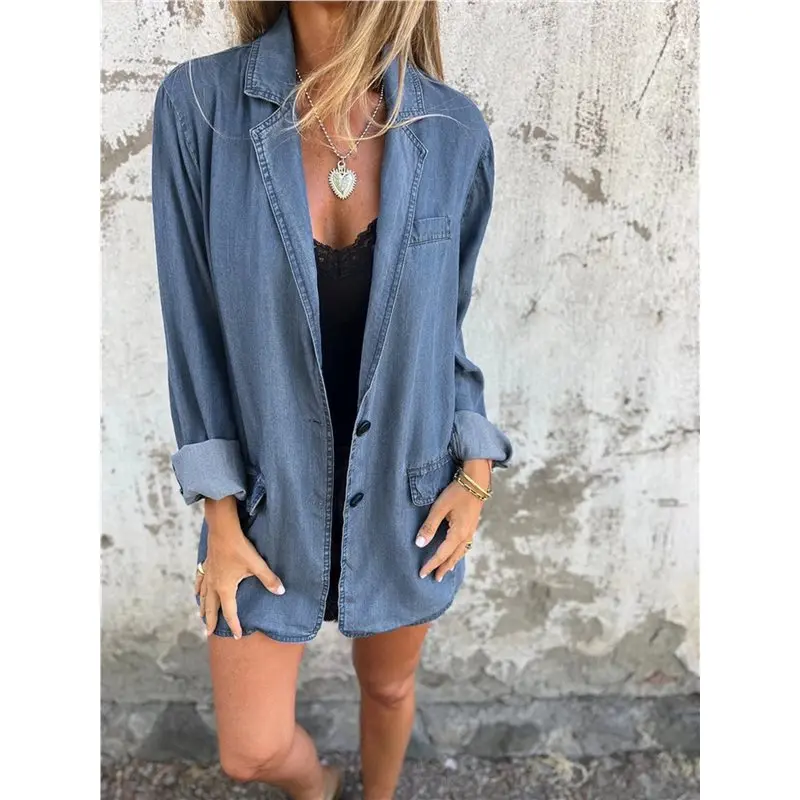 Camisa vaquera con botones para mujer, chaqueta vaquera holgada informal con solapa de manga larga-ABQU