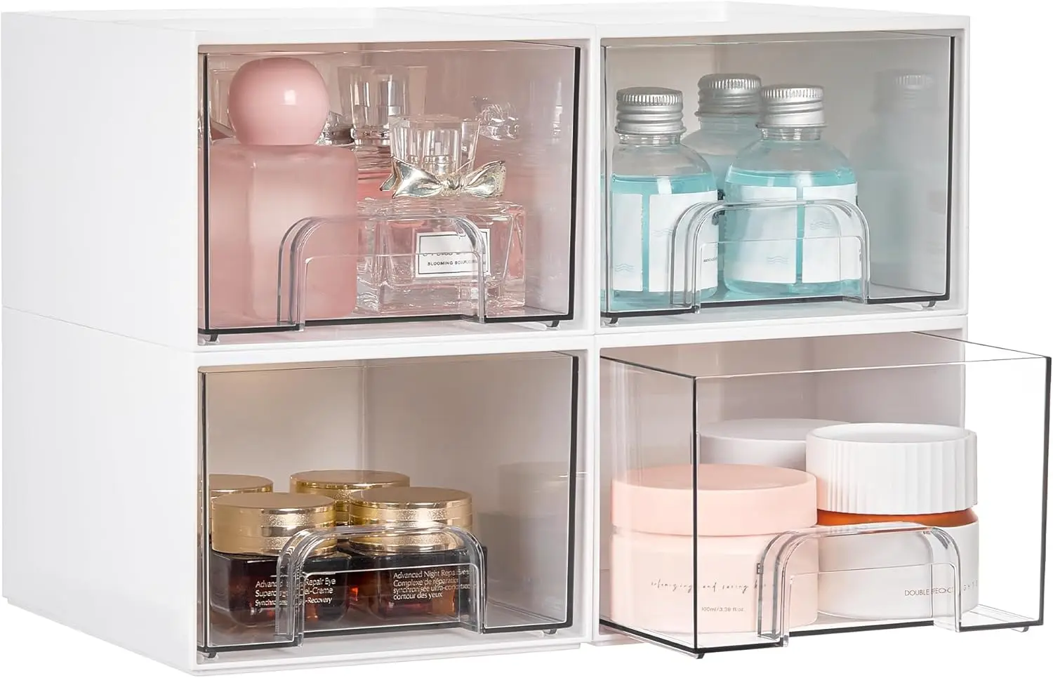 

4-Pack Stackable Storage Drawers, Clear Plastic Organizer Bins for Bathroom, Kitchen, Home