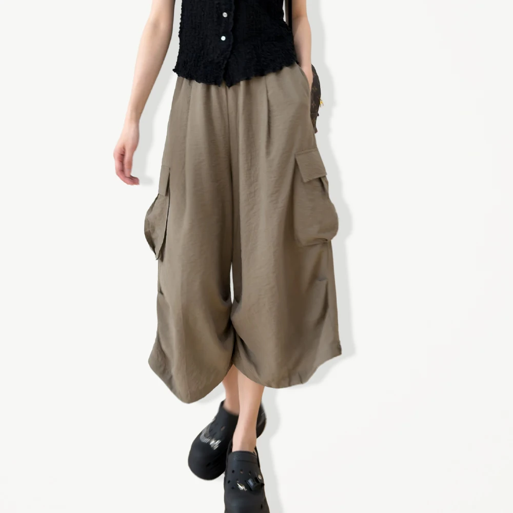 2026 Women's Casual Summer New Style 76% Natural Mulberry Silk Dry Silk Elastic Waist Pocket Design Solid Color Capri Pants