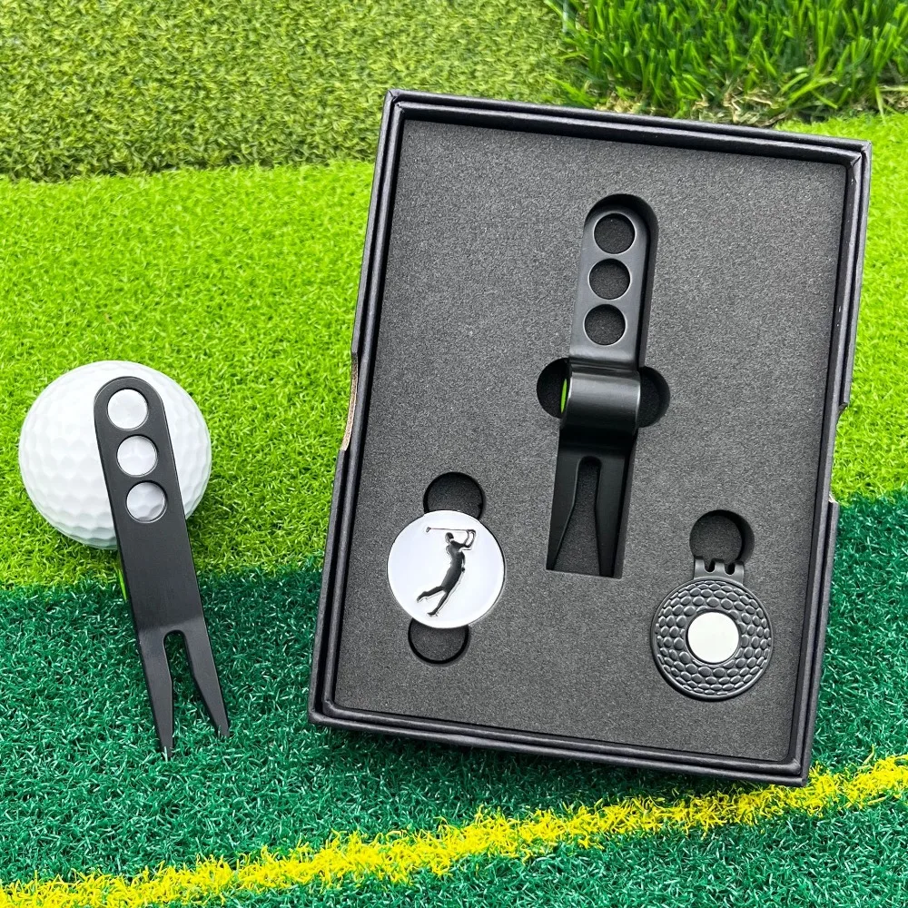 Golf Alloy Paint Three-hole Green Fork Repair Magnetic Ball Mark Cap Clip Gift Multi-function Box Set Golf Supplies