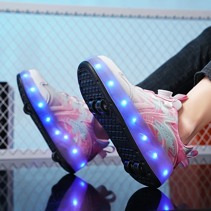 Fashion Children 4-Wheels USB Charging Sneakers LED Light Roller Skate Shoes Kids Gift for Boys Girls Sport Casual Shoes