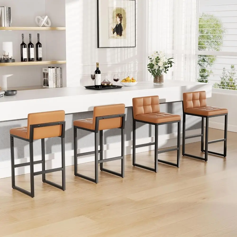 

4-Piece Leather Counter Height Bar Stools with Low Back, Footrest, Metal Legs, Orange Upholstered Kitchen Island Chairs